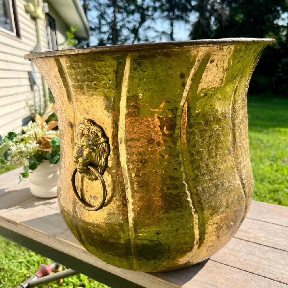 Large Vintage Brass Double Lion Head Planter